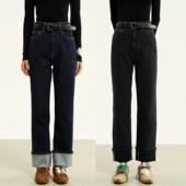 FANLE STUDIOS进口四面弹高腰翻边时髦复古2穿直筒显瘦九分牛仔裤