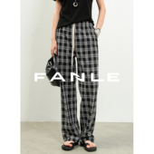 FANLE 休闲阔腿裤 STUDIOS进口高密色织黑白格子裤 高腰抽绳直筒裤
