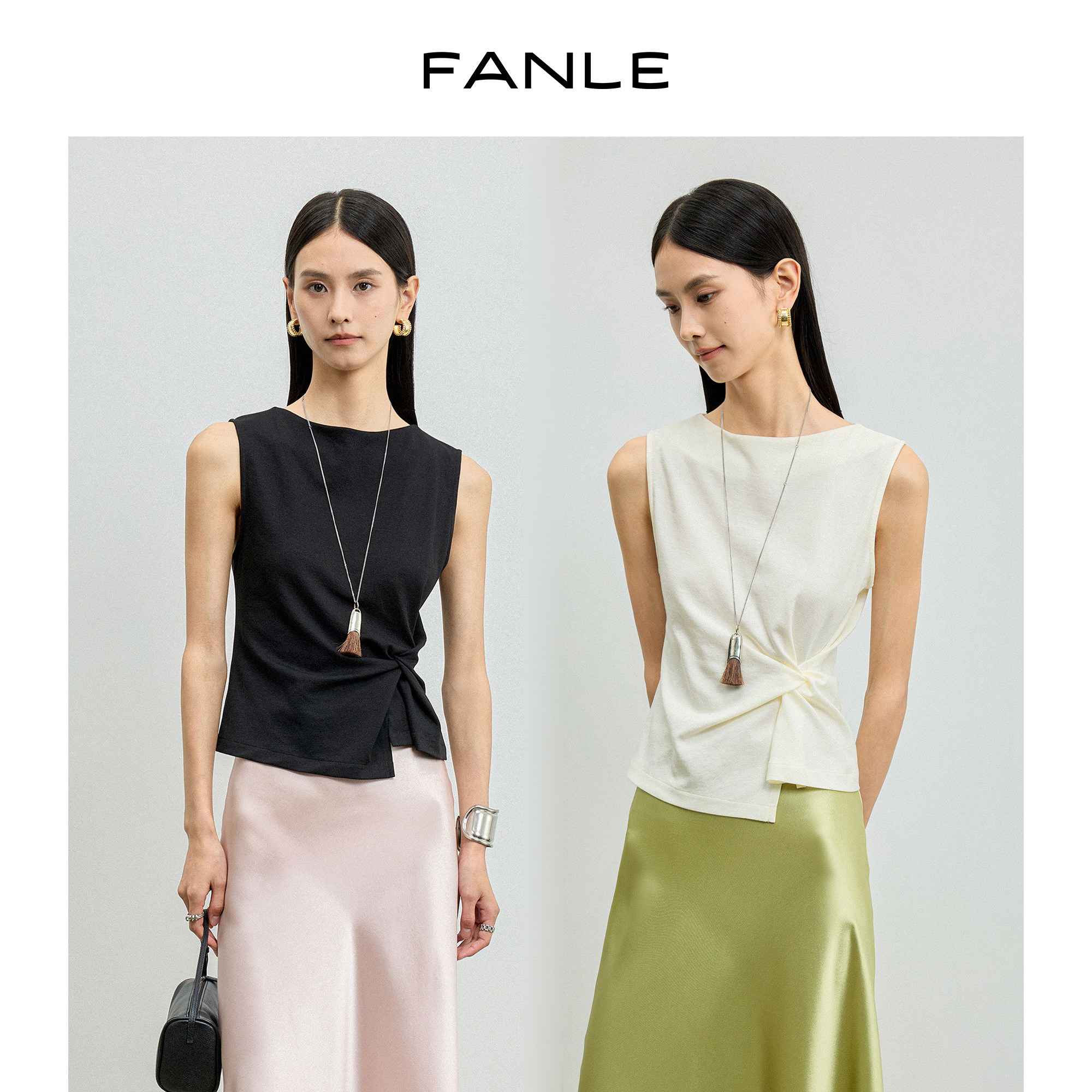 FANLE STUDIOS进口三醋酸凉爽修身设计感上衣气质显瘦时髦无袖T恤