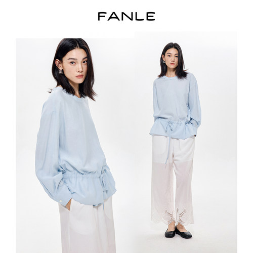 FANLE STUDIOS慵懒松弛清凉透气时髦扭结领抽绳收腰长袖蓝色上衣