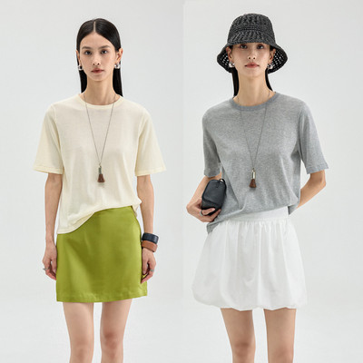 FANLE STUDIOS夏季轻薄呼吸感醋酸棉ROW风万能圆领针织短袖T恤女