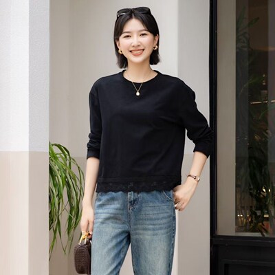 韫长袖百搭薄款下摆蕾丝棉女T恤