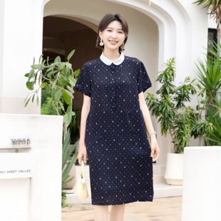 YUN韫2026夏季新款欧根纱白领收腰印花日常通勤短袖女连衣裙 6157