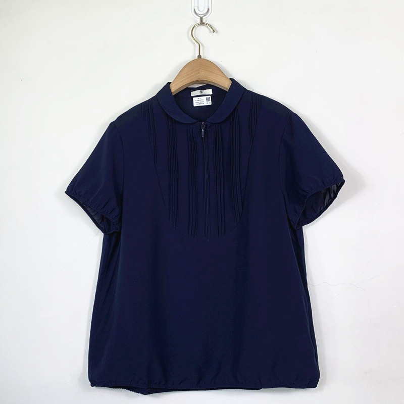 YUN韫夏季新款女装翻领拉链风琴褶韩版宽松显瘦短袖雪纺衬衫 5658