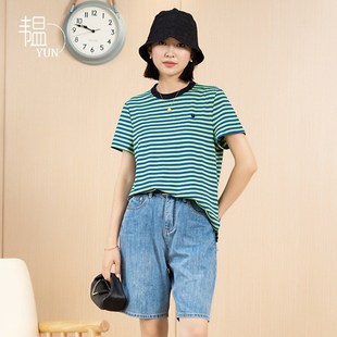 简约百搭显瘦上衣 YUN韫2024夏季 新款 女士圆领条纹短袖 通勤女T恤