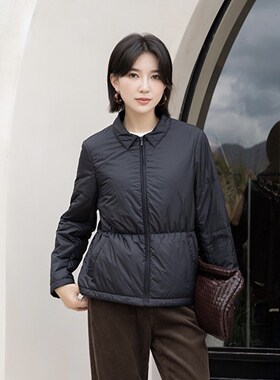 YUN韫2025冬季新款衬衫领拉链通勤简约显瘦加薄棉女棉服外套 6028