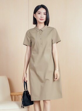 YUN韫2025夏季新品翻领半开扣门襟显瘦纯色通勤薄款短袖连衣裙女