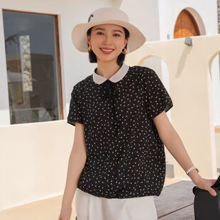 YUN韫2026夏季新款女装欧根纱白领系带单排扣短袖碎花女衬衫 5586