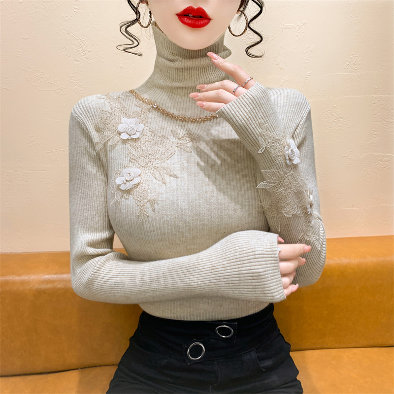 高领毛衣打底衫女秋冬高级感立体花朵钉珠针织衫长袖内搭洋气上衣