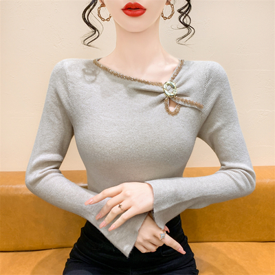 法式斜领软糯针织衫女秋冬高级感镂空钉钻上衣长袖内搭毛衣打底衫