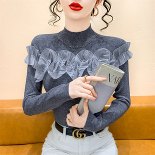 紧身内搭上衣 长袖 半高领毛衣打底衫 女秋冬设计感荷叶边钉珠针织衫