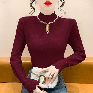高领毛衣打底衫女秋冬气质高级感镂空钉珠针织衫长袖修身内搭上衣