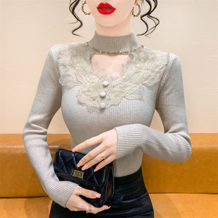 半高领蕾丝拼接针织打底衫 紧身内搭毛衣 女秋冬设计感镂空上衣长袖