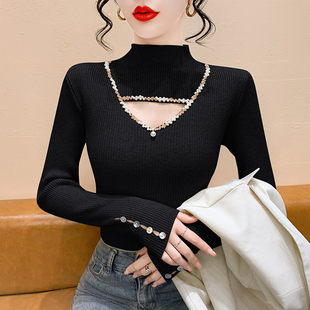 半高领毛衣打底衫女秋冬欧货性感镂空钉珠针织衫长袖紧身内搭上衣