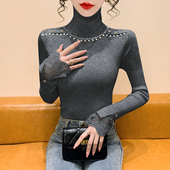 长袖 高领毛衣女秋冬2025新款 重工钉钻蕾丝拼接针织打底衫 内搭上衣
