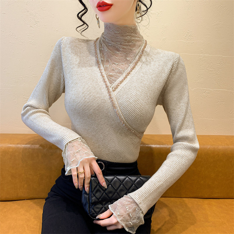 蕾丝拼接钉珠针织衫女长袖秋冬不规则开叉上衣高领内搭毛衣打底衫