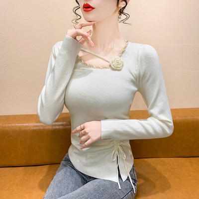 重工钉钻立体花朵针织打底衫女秋冬季不规则抽绳毛衣内搭长袖上衣