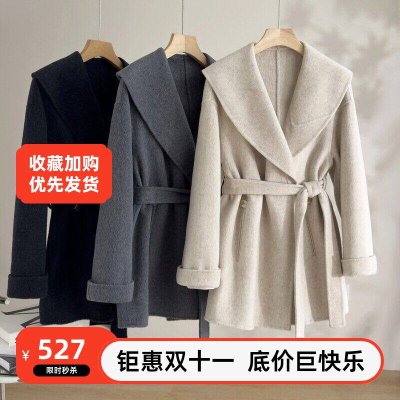 驼毛羊女羊毛翻领中长款双面冬