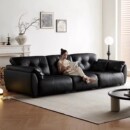 意式 极简可调节移动靠背超深坐宽高靠背头层真皮云朵皮艺沙发黑色