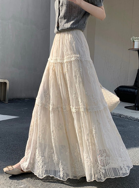 法式浪漫风重工刺绣网纱半身裙女2026春夏百搭显瘦蕾丝a字长裙子