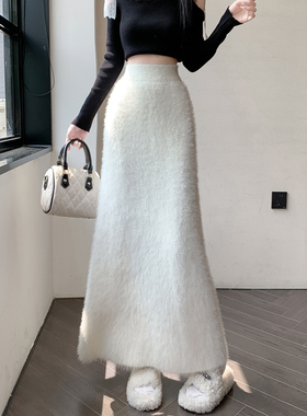 针织裙女半身裙秋冬款中长款25新款高弹仿水貂毛加厚一步a字裙子