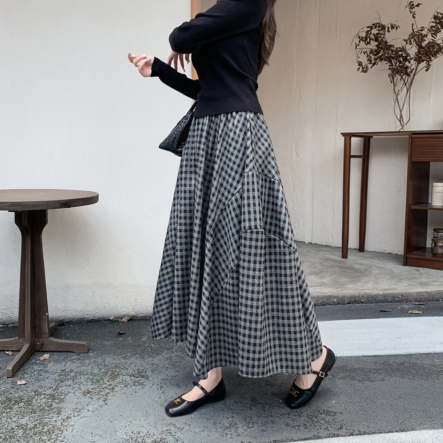 复古不规则毛呢格子中长款半身裙