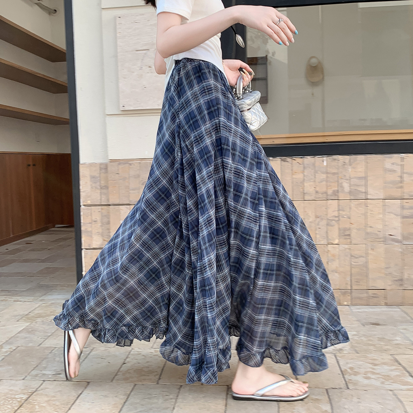 复古不规则格纹雪纺半身裙女2026春夏遮胯显瘦a字垂感裙大摆长裙,女装/女士精品,半身裙,淘宝优惠券,粉丝福利购,淘宝优惠卷