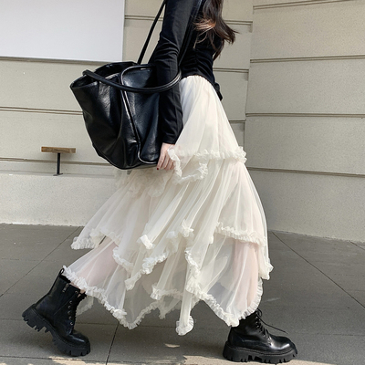 荷叶边网纱长裙春百搭A字蛋糕裙