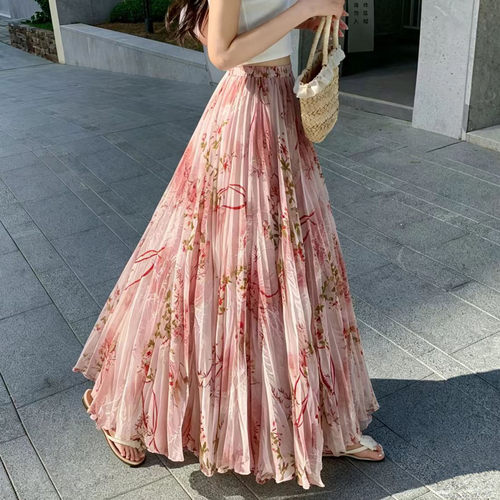 不规则粉色碎花半身裙女夏长裙子