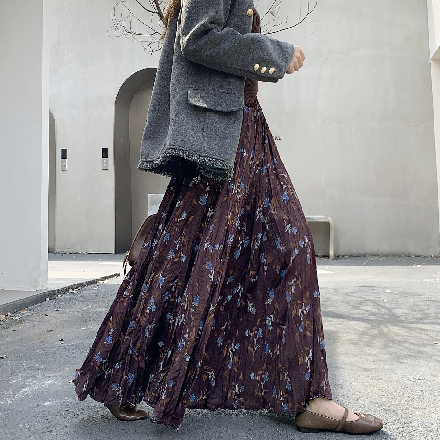 复古印花褶皱半身裙女秋冬2025高腰遮胯显瘦大摆a字裙子垂感长裙,女装/女士精品,半身裙,淘宝优惠券,粉丝福利购,淘宝优惠卷