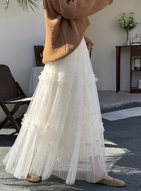 超好看蕾丝半身裙女春2026新款拼接网纱蛋糕半裙高腰遮跨A字冬裙