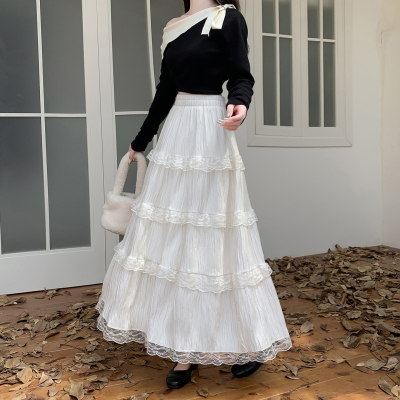 法式芭蕾风蕾丝拼接半身裙仙女裙