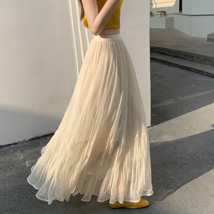 超仙飘逸网纱半身裙女2026春夏高腰百褶a字长裙休闲显瘦大摆裙子