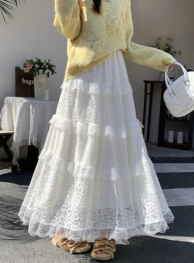 加绒蕾丝半身裙女冬季2025新款宽松遮跨加厚花边a字蓬蓬裙蛋糕裙
