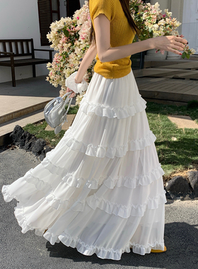白色荷叶边雪纺蛋糕裙半身裙女2026春季高腰显瘦Aa字裙大摆长裙子