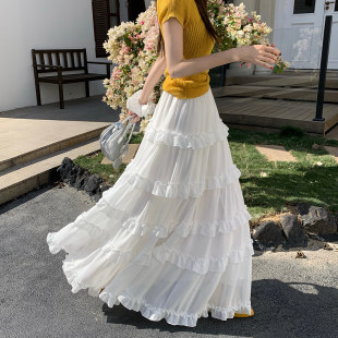 白色荷叶边雪纺蛋糕裙半身裙女2026春季 高腰显瘦Aa字裙大摆长裙子