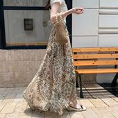 波西米亚民族风雪纺印花半身裙女2026夏季 高腰显瘦系带a字裙 新款