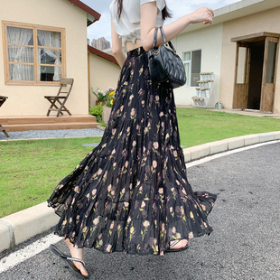 雪纺碎花裙子女半身裙夏季 遮跨半裙高腰a字长裙 2025新款 气质薄款