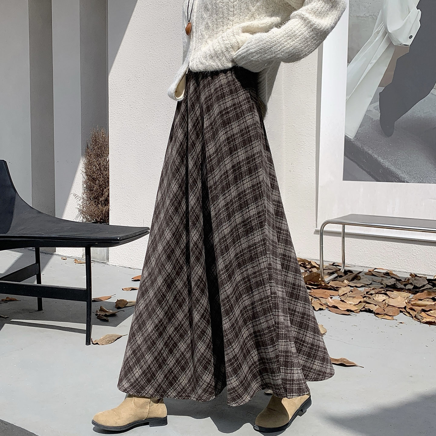 复古巴恩风格子加厚毛呢半身裙女2025秋冬高腰显瘦a字裙大摆长裙