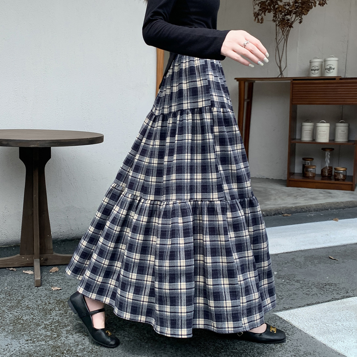 复古格子拼接蛋糕裙半身裙大摆裙