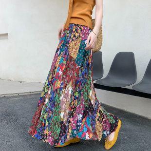 波西米亚风印花半身裙女2026春夏度假风海边沙滩裙子压褶大摆长裙