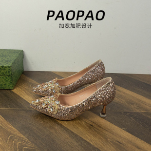 胖脚宽肥大码女鞋41到42法式高跟鞋尖头细跟水钻绝美秀禾婚纱婚鞋