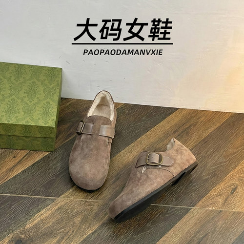 大码女鞋41到42宽脚胖勃肯鞋2025冬季加绒复古内增高棉鞋一脚蹬