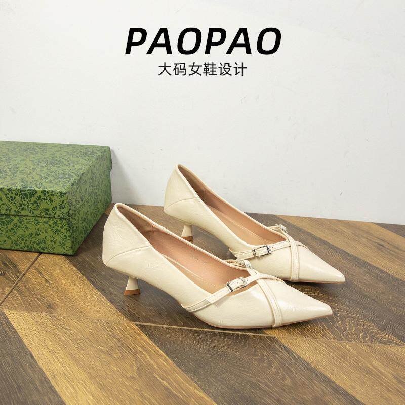 大码女鞋41到42宽脚胖尖头单鞋春季新款法式复古交叉带气质高跟鞋