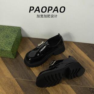 胖脚宽肥大码女鞋41到43黑色乐福鞋小皮鞋粗跟加宽加肥日系加绒