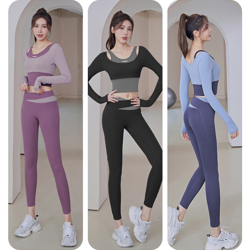 新款拼色假两件运动套装