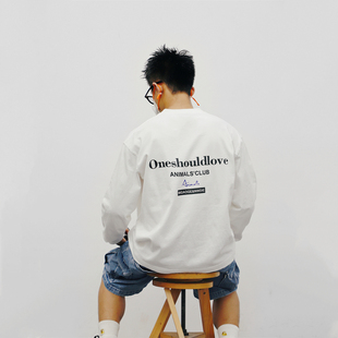 T恤 圆领国潮潮牌情侣长袖 美式 简约字母印花男女重磅棉宽松落肩袖