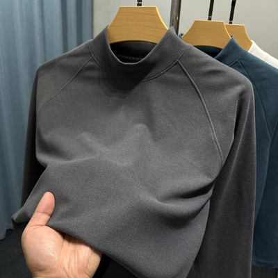 斜肩双面德绒半高领打底衫秋冬季修身保暖内搭上衣磨毛t恤男长袖