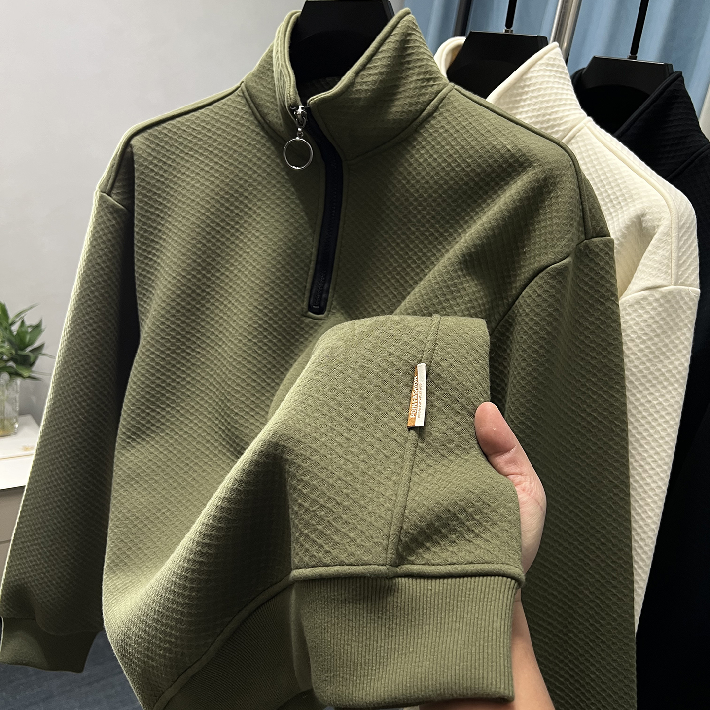 玉米格半高领拉链卫衣男秋冬季内层奥粒绒加绒加厚t恤长袖男上衣