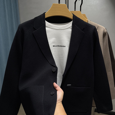 小西服口袋针织衫开衫男修身春秋款薄款毛衣外套男装休闲潮流线衣